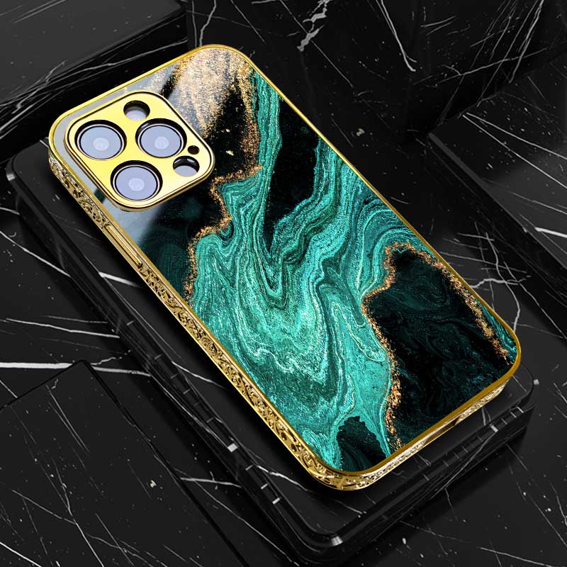 Luxury iPhone Case MagSafe Compatible Marble Texture Shockproof Protective Cover Gold Frame Design Camera Lens Protection Slim Profile