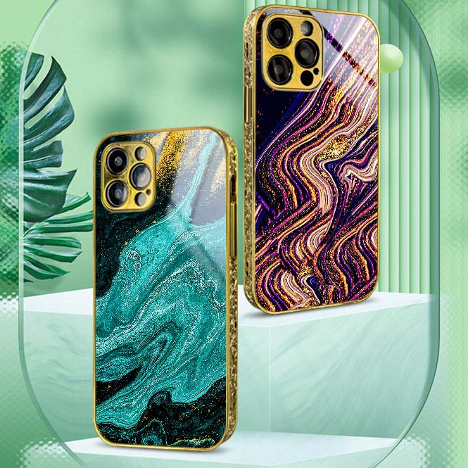 Luxury iPhone Case MagSafe Compatible Marble Texture Shockproof Protective Cover Gold Frame Design Camera Lens Protection Slim Profile