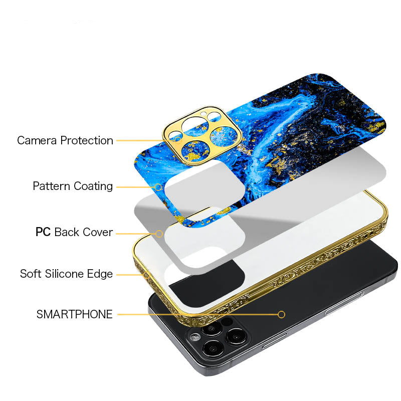 Luxury iPhone Case MagSafe Compatible Marble Texture Shockproof Protective Cover Gold Frame Design Camera Lens Protection Slim Profile