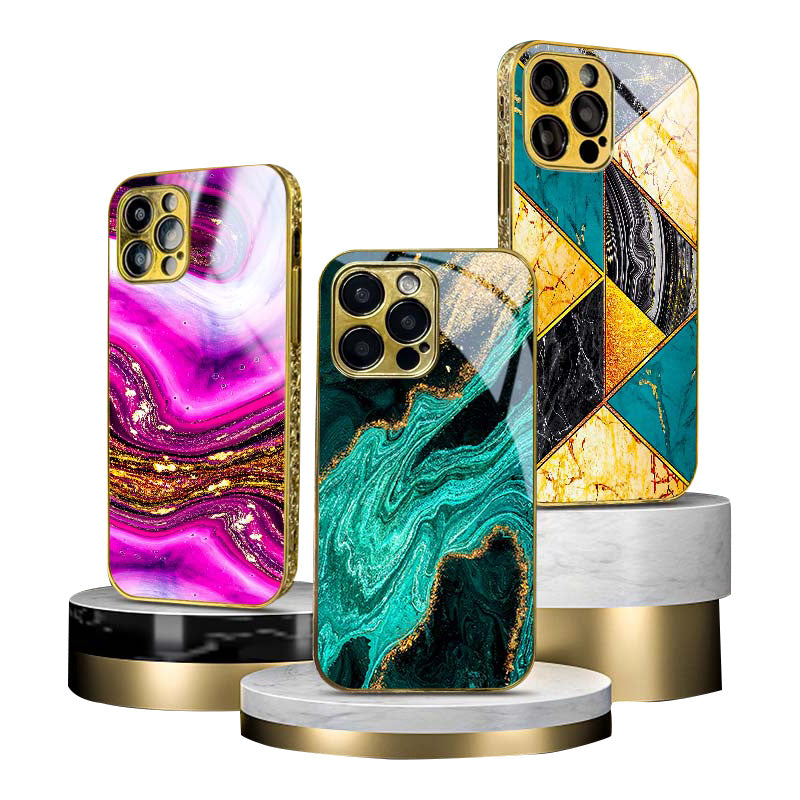 Luxury iPhone Case MagSafe Compatible Marble Texture Shockproof Protective Cover Gold Frame Design Camera Lens Protection Slim Profile