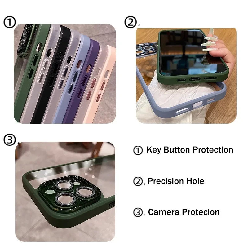 Luxury iPhone Case MagSafe Compatible Transparent Glitter Silicone Shockproof Protective Cover Camera Lens Protection Slim Design