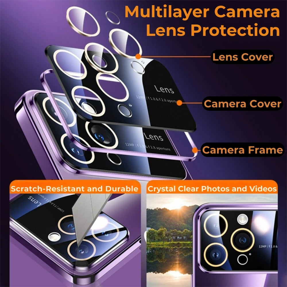 Luxury iPhone Case MagSafe Compatible Transparent Tempered Glass Shockproof Protective Cover Silicone Bumper Camera Lens Protection Ultra Thin