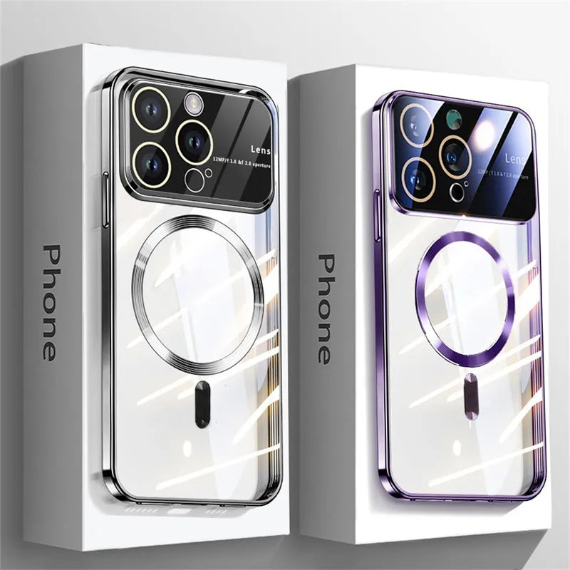 Luxury iPhone Case MagSafe Compatible Transparent Tempered Glass Shockproof Protective Cover Silicone Bumper Camera Lens Protection Ultra Thin