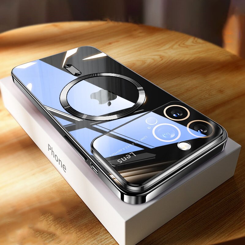 Luxury iPhone Case MagSafe Compatible Transparent Tempered Glass Shockproof Protective Cover Silicone Bumper Camera Lens Protection Ultra Thin