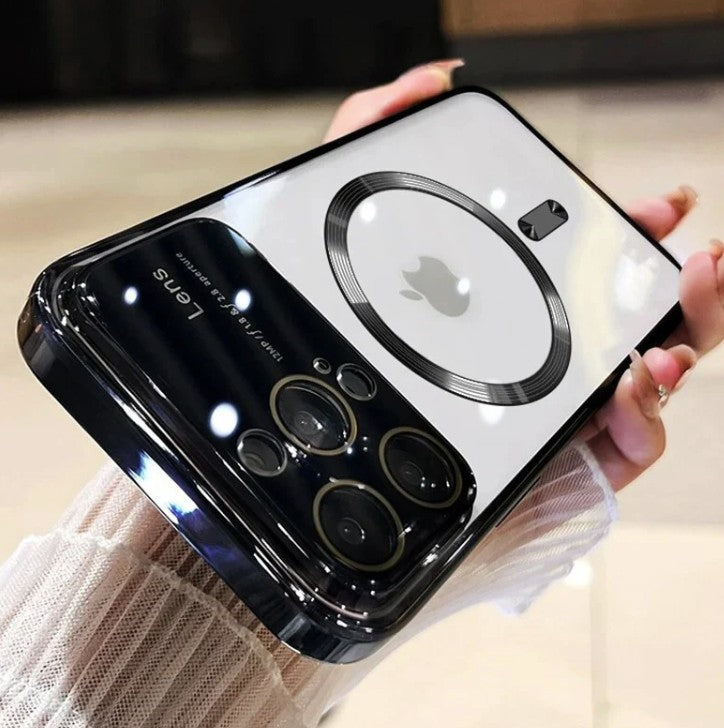 Luxury iPhone Case MagSafe Compatible Transparent Tempered Glass Shockproof Protective Cover Silicone Bumper Camera Lens Protection Ultra Thin