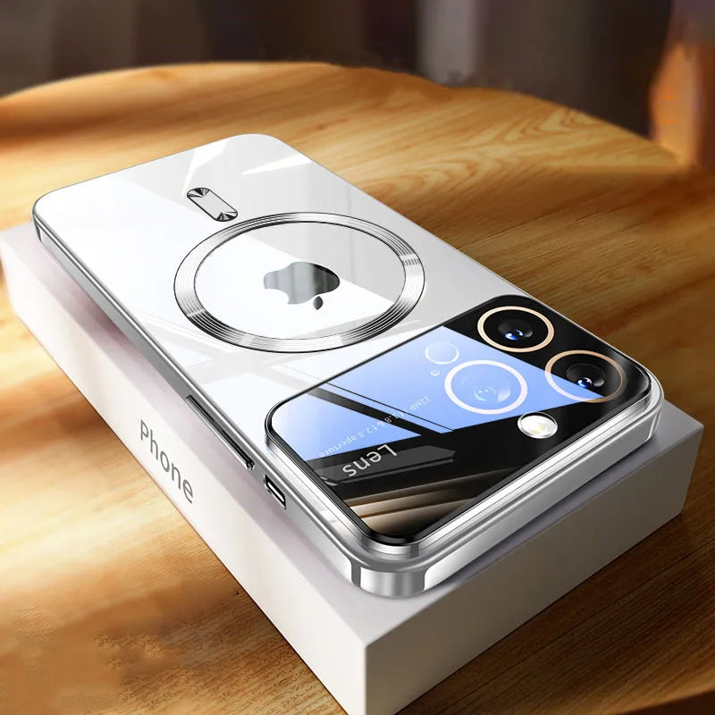 Luxury iPhone Case MagSafe Compatible Transparent Tempered Glass Shockproof Protective Cover Silicone Bumper Camera Lens Protection Ultra Thin