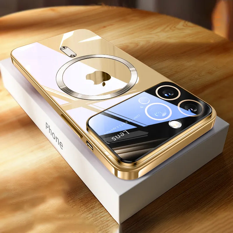Luxury iPhone Case MagSafe Compatible Transparent Tempered Glass Shockproof Protective Cover Silicone Bumper Camera Lens Protection Ultra Thin