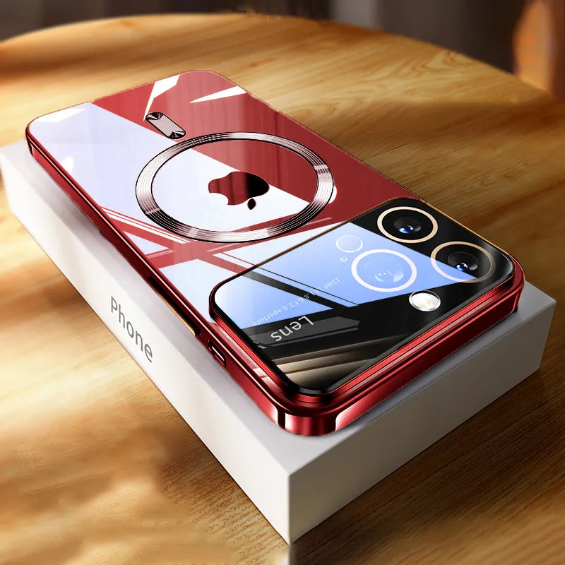 Luxury iPhone Case MagSafe Compatible Transparent Tempered Glass Shockproof Protective Cover Silicone Bumper Camera Lens Protection Ultra Thin