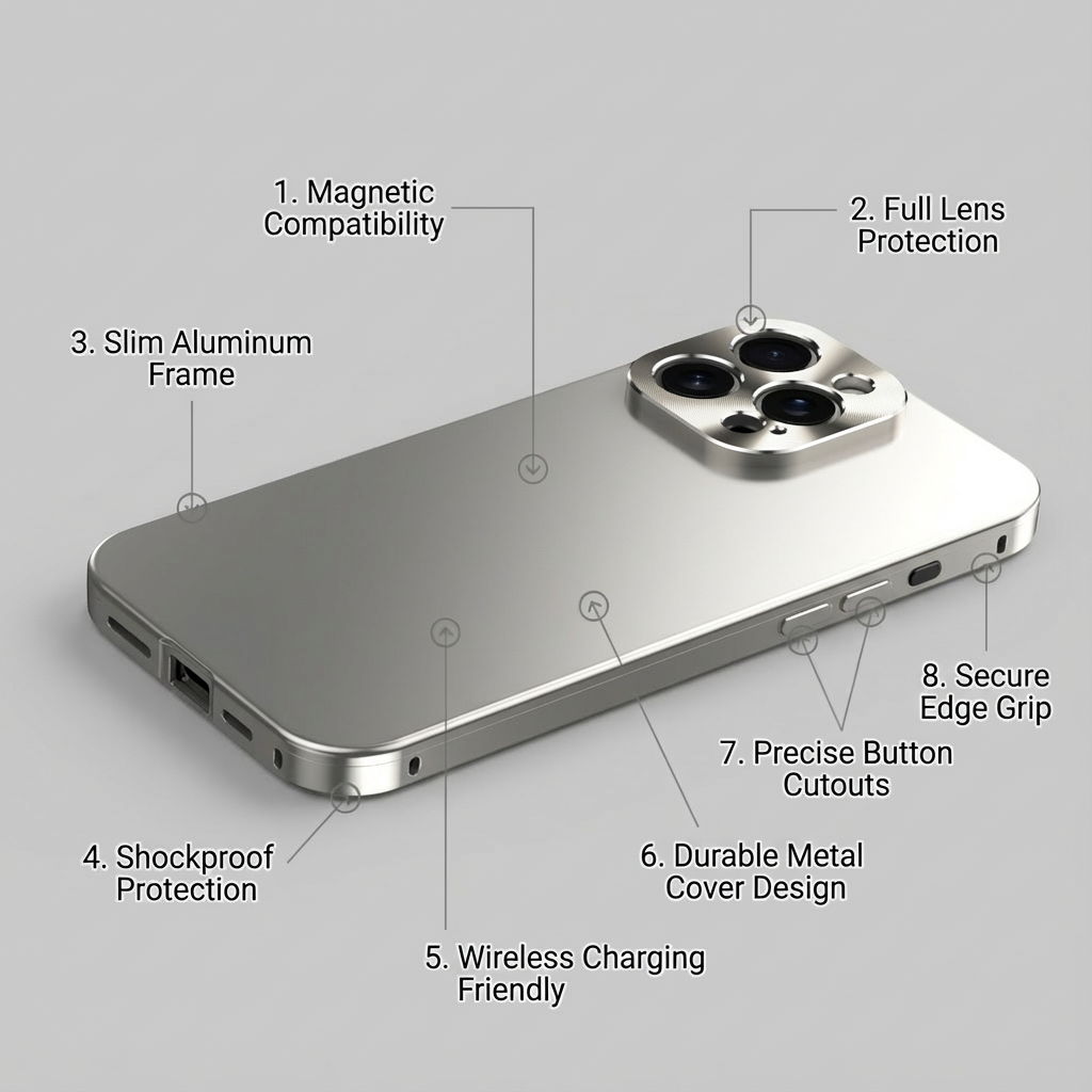 Luxury iPhone Case Magnetic Aluminum Frame Shockproof Protective Cover Full Camera Lens Protection Slim Metal Design Wireless Charging Compatible