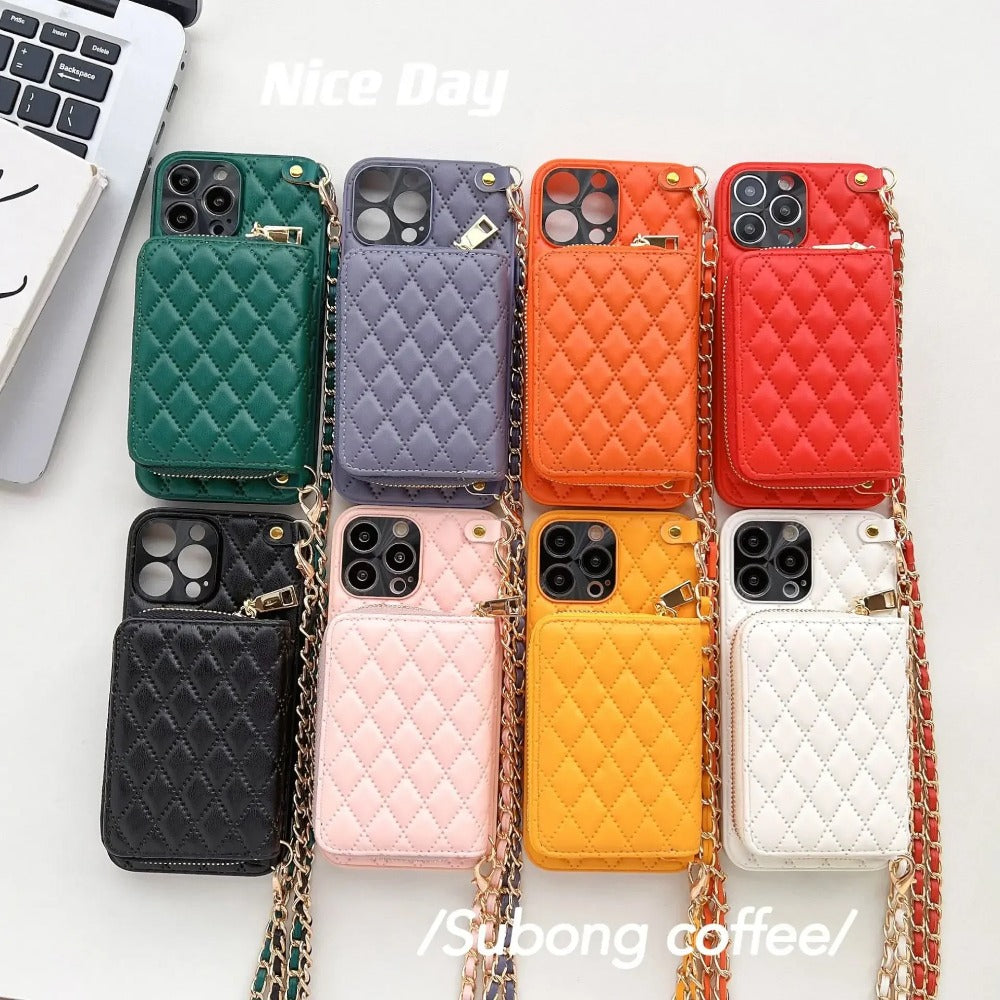 Luxury iPhone Case Wallet MagSafe Compatible Leather Zipper Crossbody Strap Card Holder Shockproof Protective Cover Camera Lens Protection Slim Design