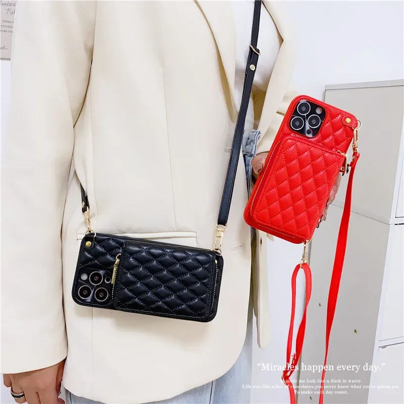 Luxury iPhone Case Wallet MagSafe Compatible Leather Zipper Crossbody Strap Card Holder Shockproof Protective Cover Camera Lens Protection Slim Design
