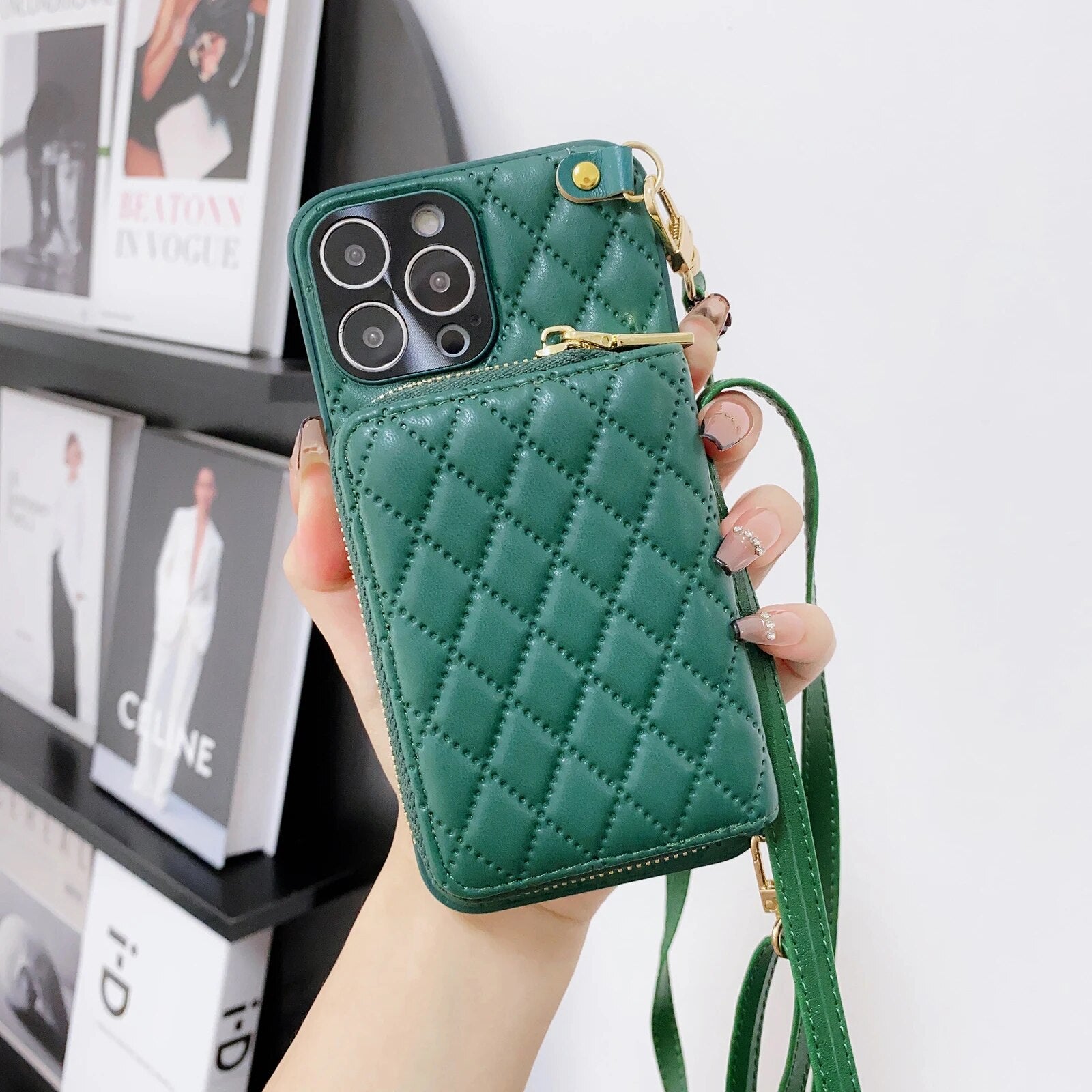 Luxury iPhone Case Wallet MagSafe Compatible Leather Zipper Crossbody Strap Card Holder Shockproof Protective Cover Camera Lens Protection Slim Design