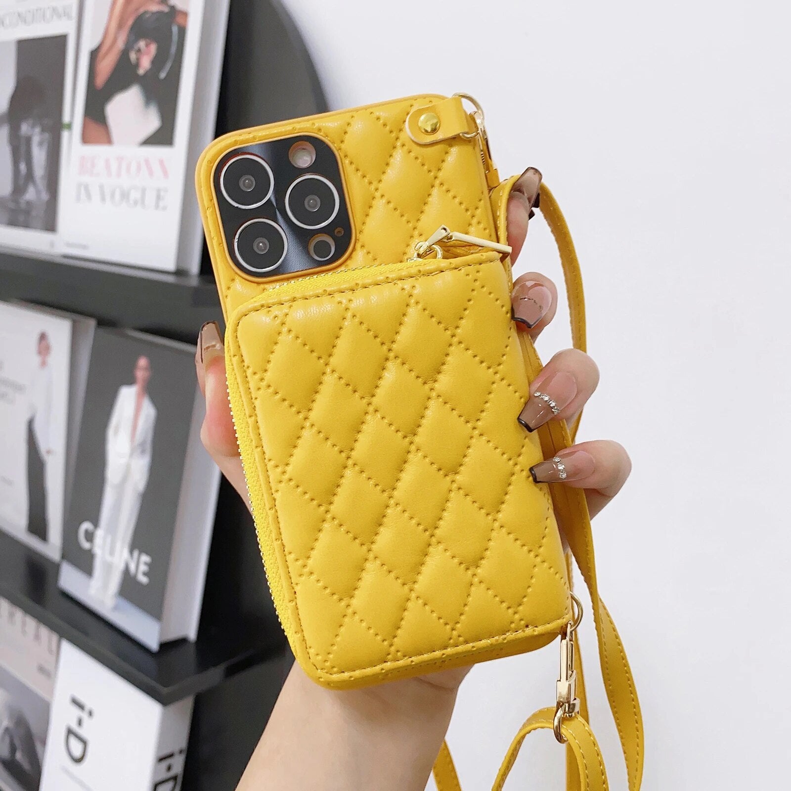 Luxury iPhone Case Wallet MagSafe Compatible Leather Zipper Crossbody Strap Card Holder Shockproof Protective Cover Camera Lens Protection Slim Design
