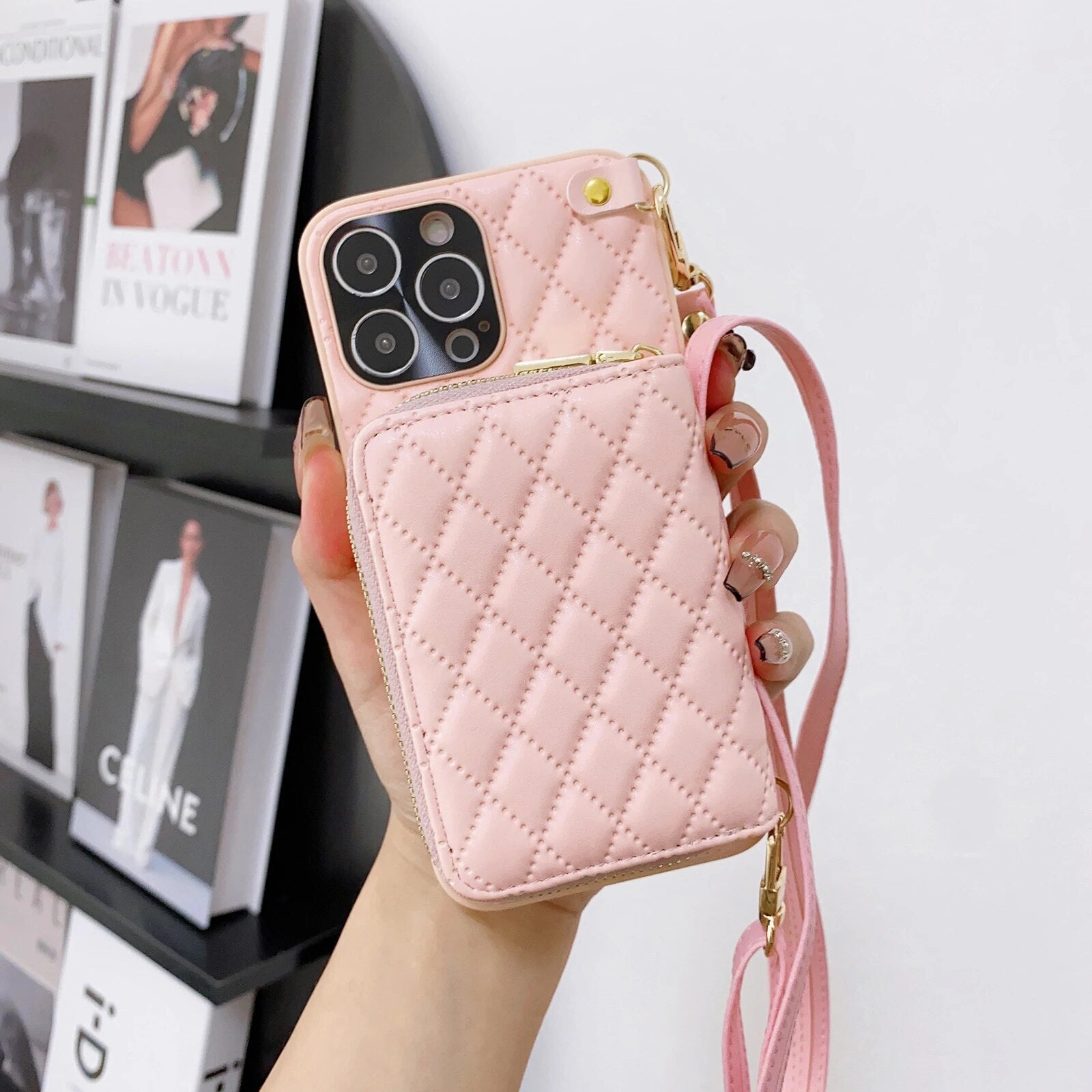 Luxury iPhone Case Wallet MagSafe Compatible Leather Zipper Crossbody Strap Card Holder Shockproof Protective Cover Camera Lens Protection Slim Design