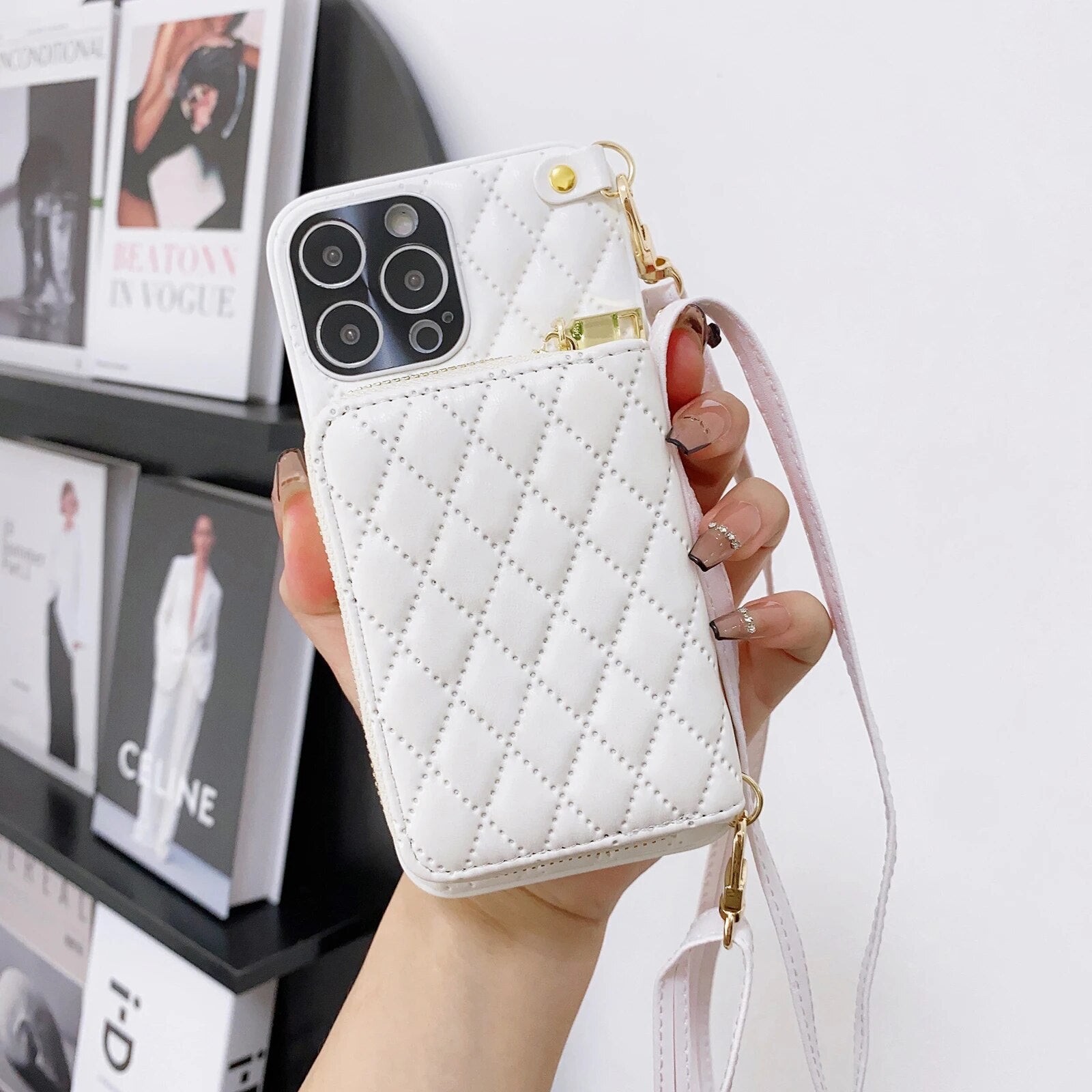 Luxury iPhone Case Wallet MagSafe Compatible Leather Zipper Crossbody Strap Card Holder Shockproof Protective Cover Camera Lens Protection Slim Design