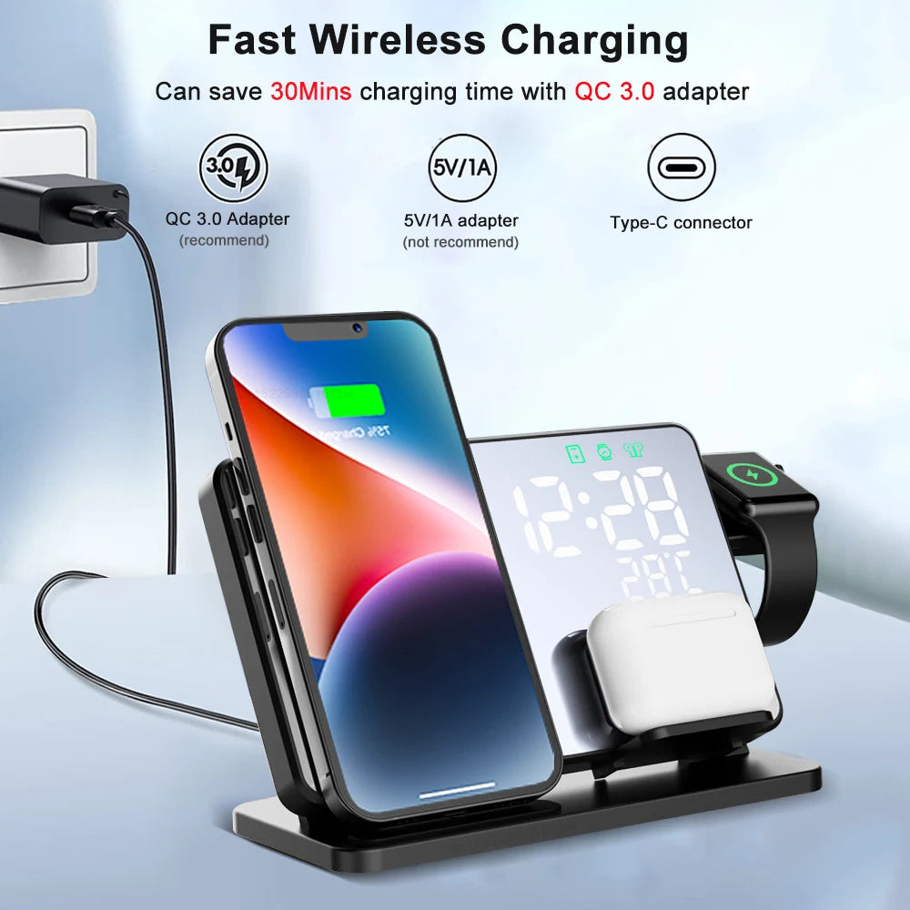 Premium 3-in-1 Wireless Charger Fast Charging Dock Station with Clock Multi Device Charging Stand Smartphone Watch Earbuds Compatible