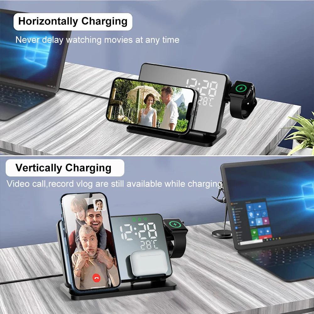 Premium 3-in-1 Wireless Charger Fast Charging Dock Station with Clock Multi Device Charging Stand Smartphone Watch Earbuds Compatible