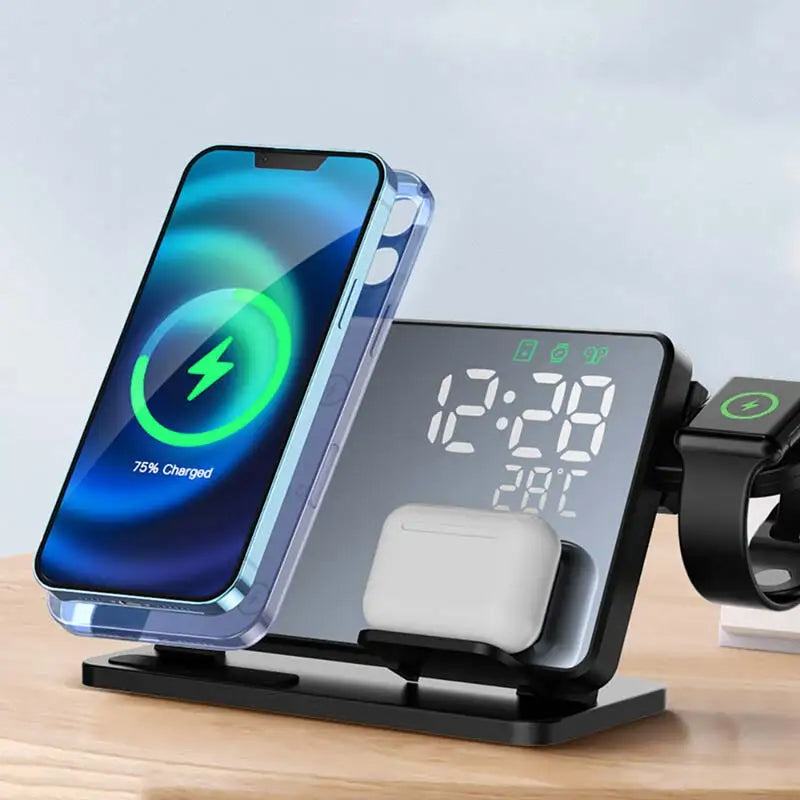 Premium 3-in-1 Wireless Charger Fast Charging Dock Station with Clock Multi Device Charging Stand Smartphone Watch Earbuds Compatible