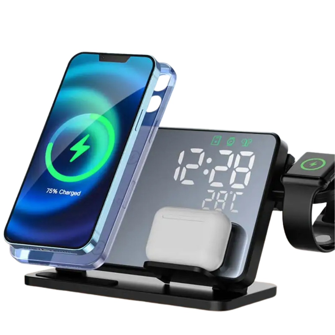 Premium 3-in-1 Wireless Charger Fast Charging Dock Station with Clock Multi Device Charging Stand Smartphone Watch Earbuds Compatible
