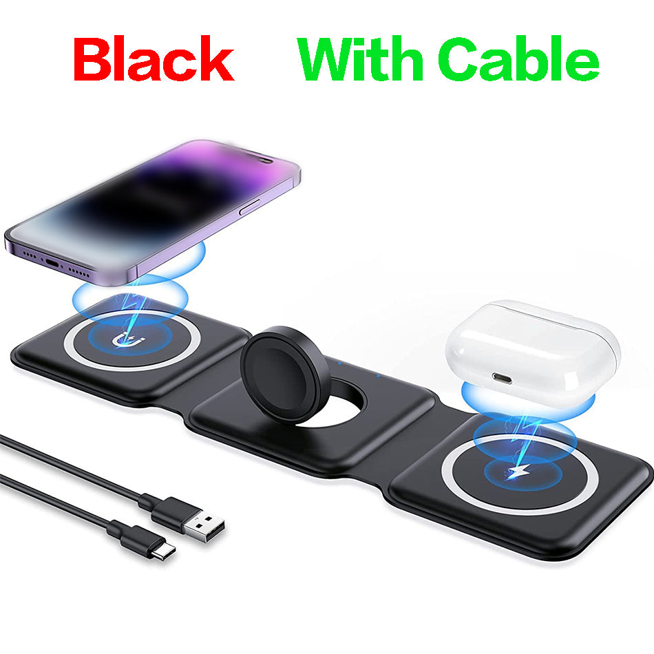 Premium 3-in-1 Wireless Charger Foldable MagSafe Compatible 15W Fast Charging Aluminum Dock Station Magnetic Multi Device Charging Stand