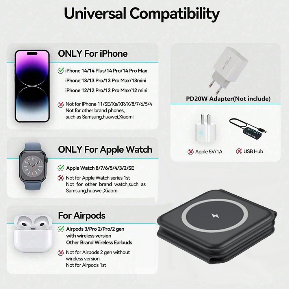 Premium 3-in-1 Wireless Charger Foldable MagSafe Compatible 15W Fast Charging Aluminum Dock Station Magnetic Multi Device Charging Stand