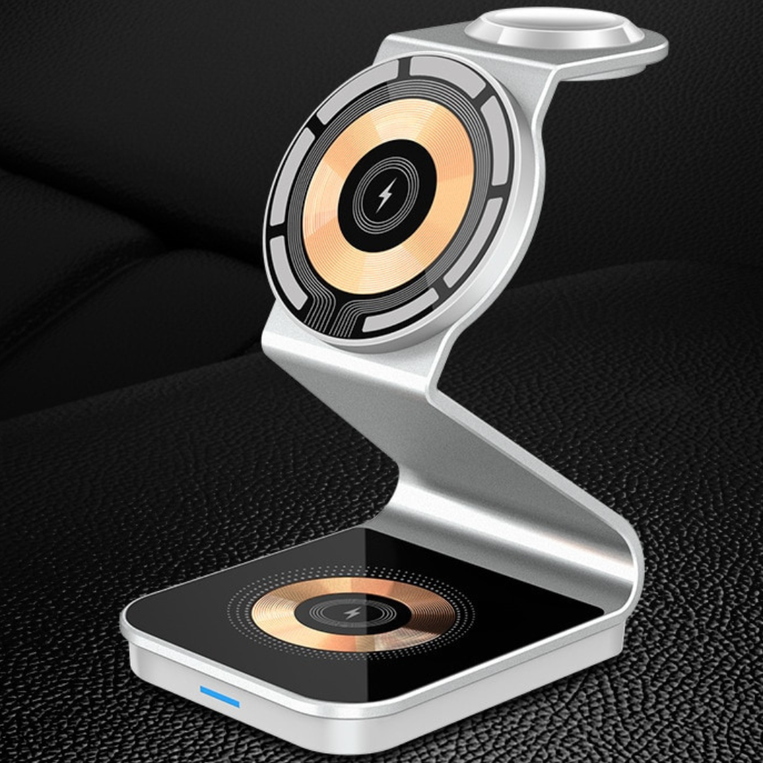 Premium 3-in-1 Wireless Charger Foldable MagSafe Compatible 15W Fast Charging Aluminum Dock Station Magnetic Multi Device Charging Stand