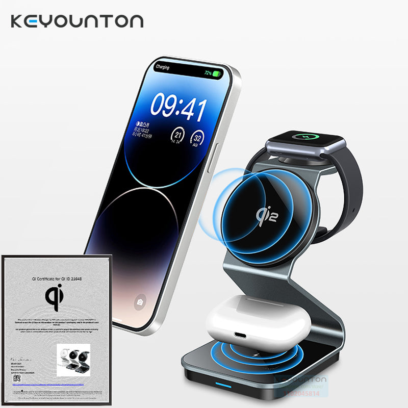 Premium 3-in-1 Wireless Charger Foldable MagSafe Compatible 15W Fast Charging Aluminum Dock Station Magnetic Multi Device Charging Stand