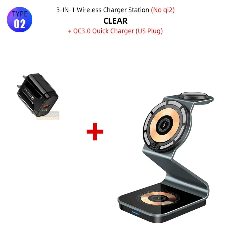 Premium 3-in-1 Wireless Charger Foldable MagSafe Compatible 15W Fast Charging Aluminum Dock Station Magnetic Multi Device Charging Stand