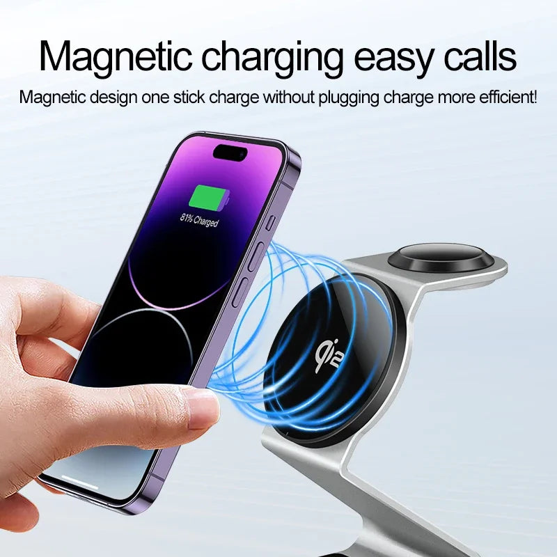 Premium 3-in-1 Wireless Charger Foldable MagSafe Compatible 15W Fast Charging Aluminum Dock Station Magnetic Multi Device Charging Stand