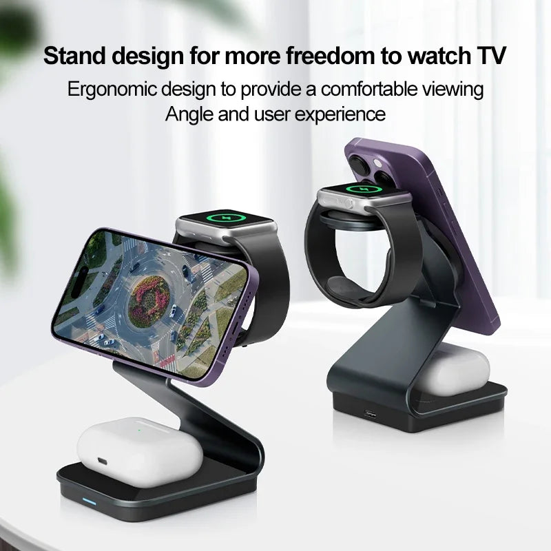 Premium 3-in-1 Wireless Charger Foldable MagSafe Compatible 15W Fast Charging Aluminum Dock Station Magnetic Multi Device Charging Stand