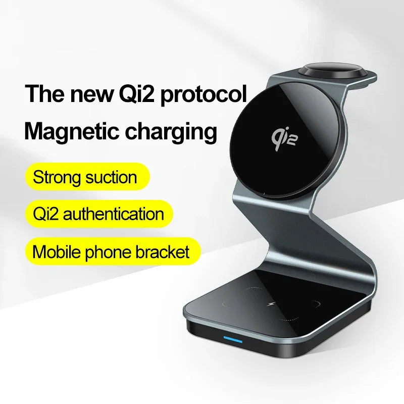 Premium 3-in-1 Wireless Charger Foldable MagSafe Compatible 15W Fast Charging Aluminum Dock Station Magnetic Multi Device Charging Stand