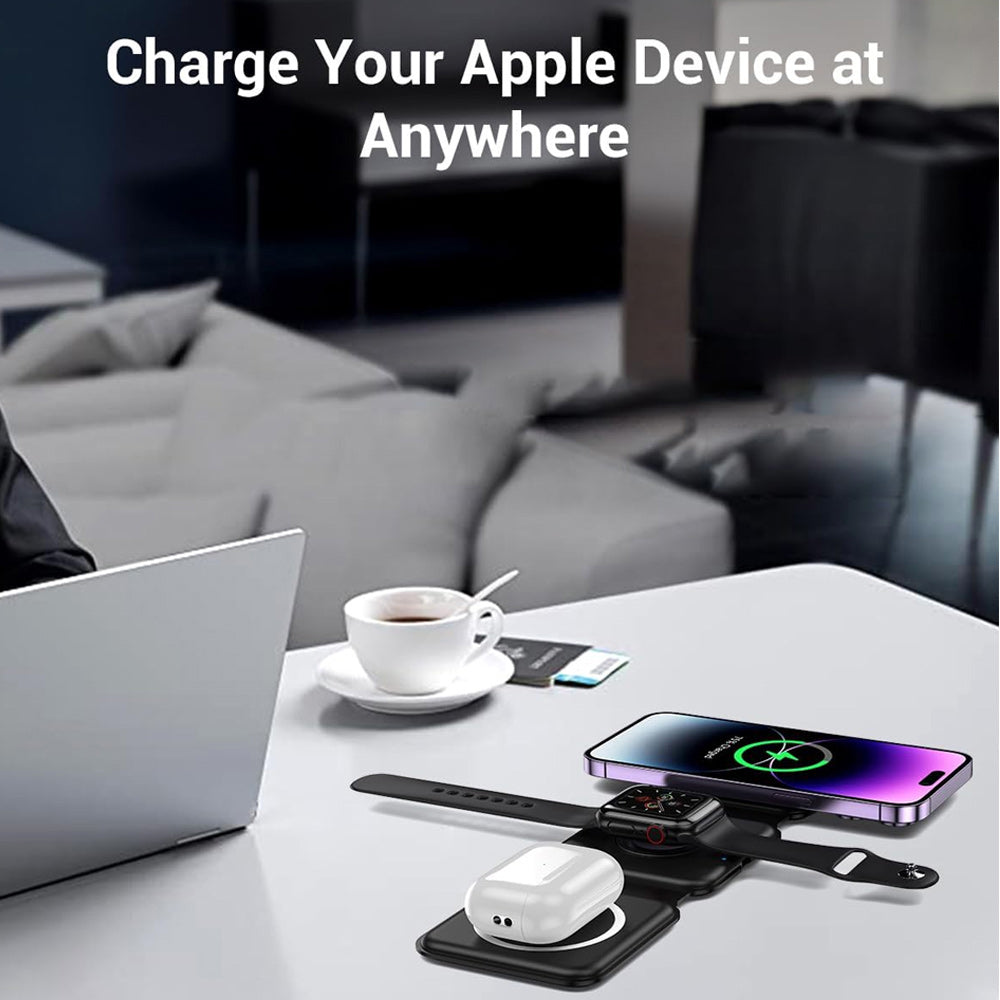 Premium 3-in-1 Wireless Charger Foldable MagSafe Compatible 15W Fast Charging Aluminum Dock Station Magnetic Multi Device Charging Stand