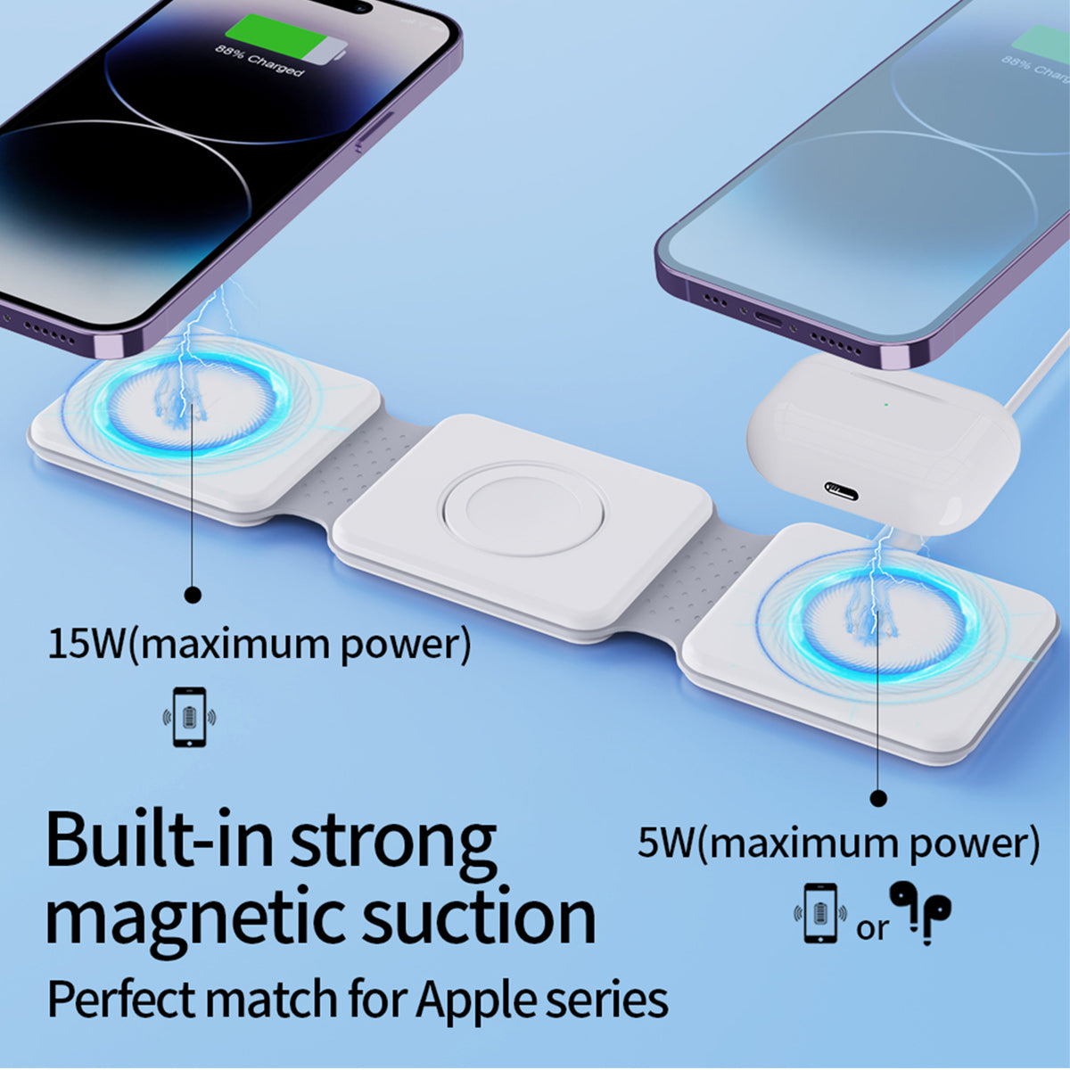 Premium 3-in-1 Wireless Charger Foldable MagSafe Compatible 15W Fast Charging Aluminum Dock Station Magnetic Multi Device Charging Stand