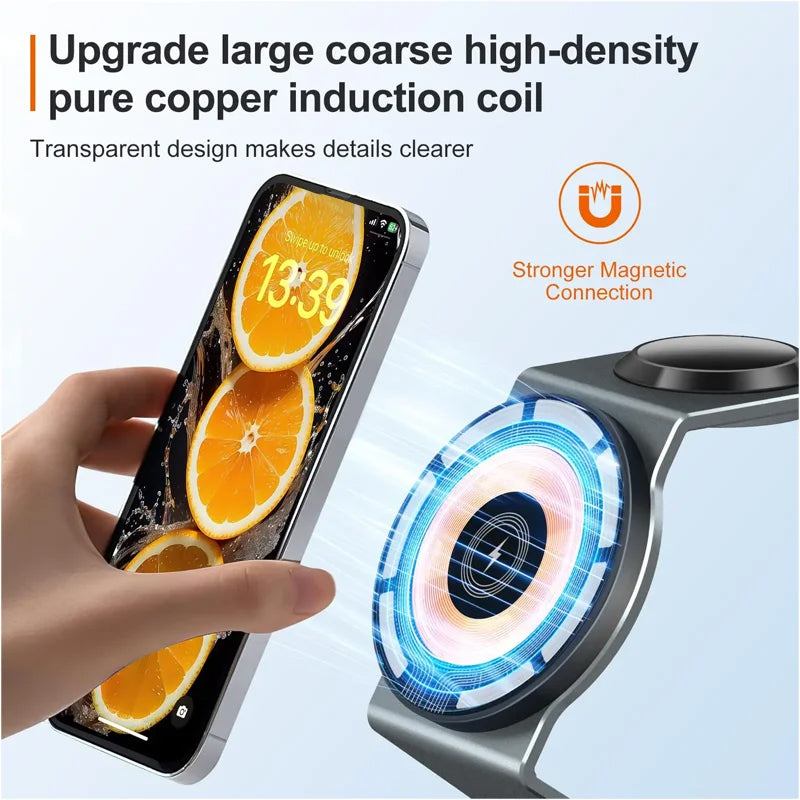 Premium 3-in-1 Wireless Charger Foldable MagSafe Compatible 15W Fast Charging Aluminum Dock Station Magnetic Multi Device Charging Stand