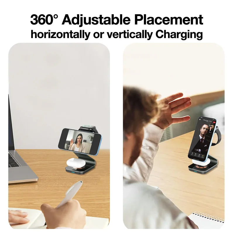 Premium 3-in-1 Wireless Charger Foldable MagSafe Compatible 15W Fast Charging Aluminum Dock Station Magnetic Multi Device Charging Stand