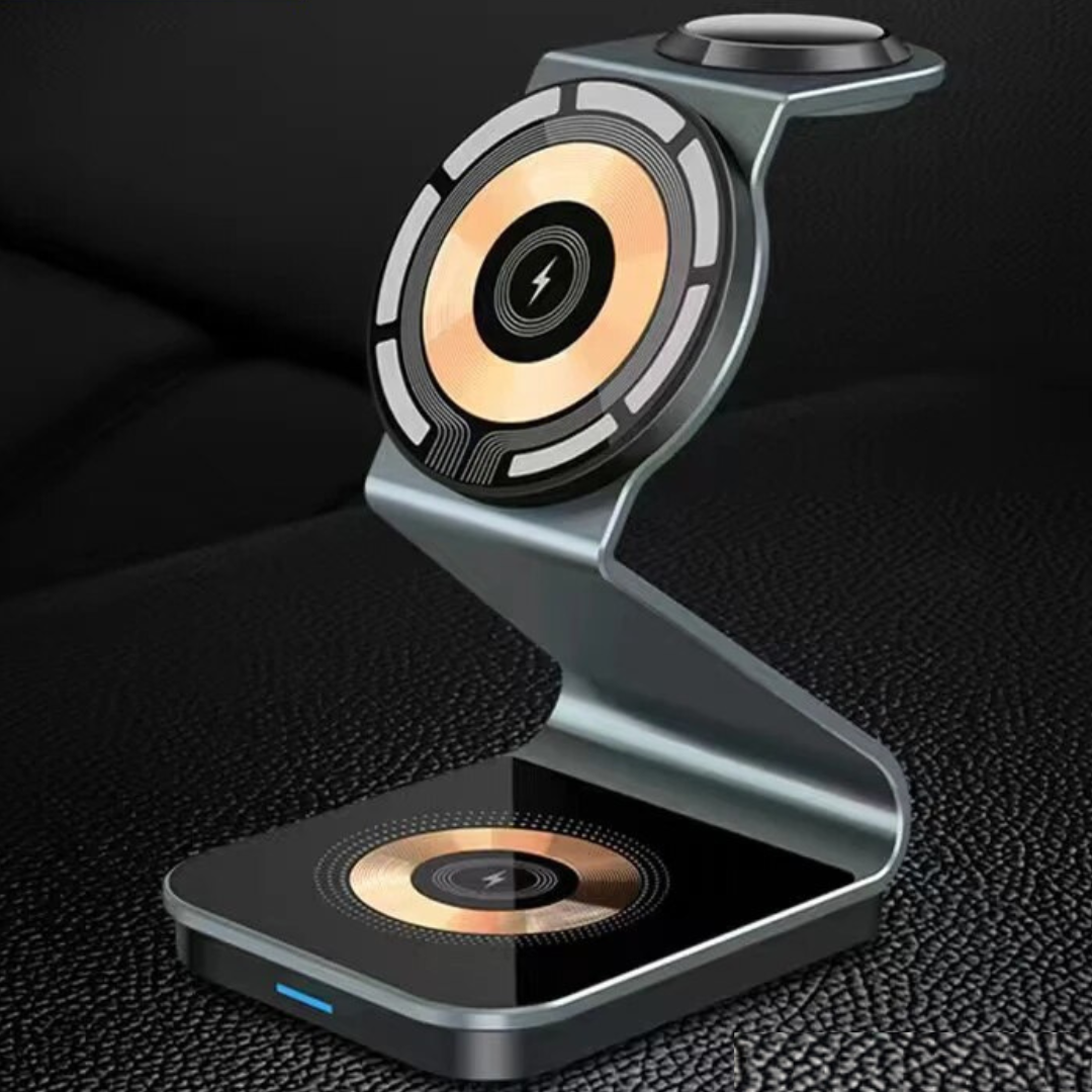 Premium 3-in-1 Wireless Charger Foldable MagSafe Compatible 15W Fast Charging Aluminum Dock Station Magnetic Multi Device Charging Stand
