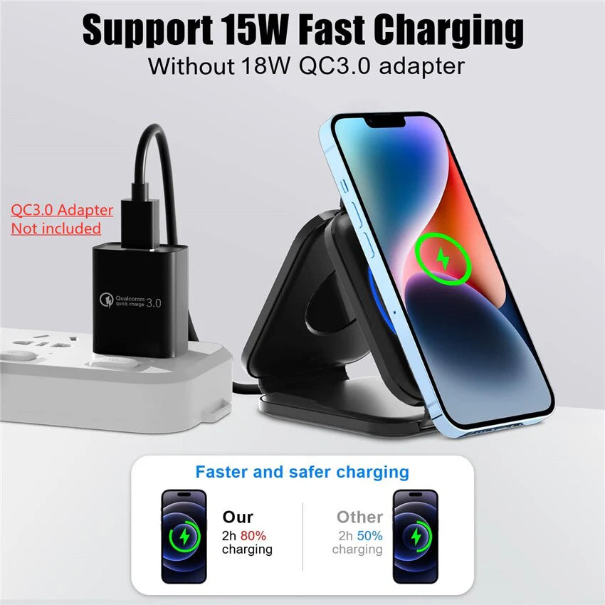 Premium 3-in-1 Wireless Charger Foldable MagSafe Compatible 15W Fast Charging Station Magnetic Portable Charging Dock Smartphone Watch Earbuds