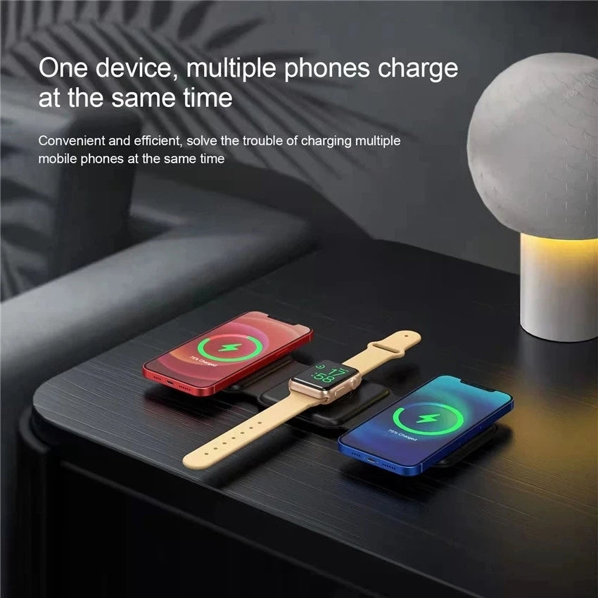 Premium 3-in-1 Wireless Charger Foldable MagSafe Compatible 15W Fast Charging Station Magnetic Portable Charging Dock Smartphone Watch Earbuds