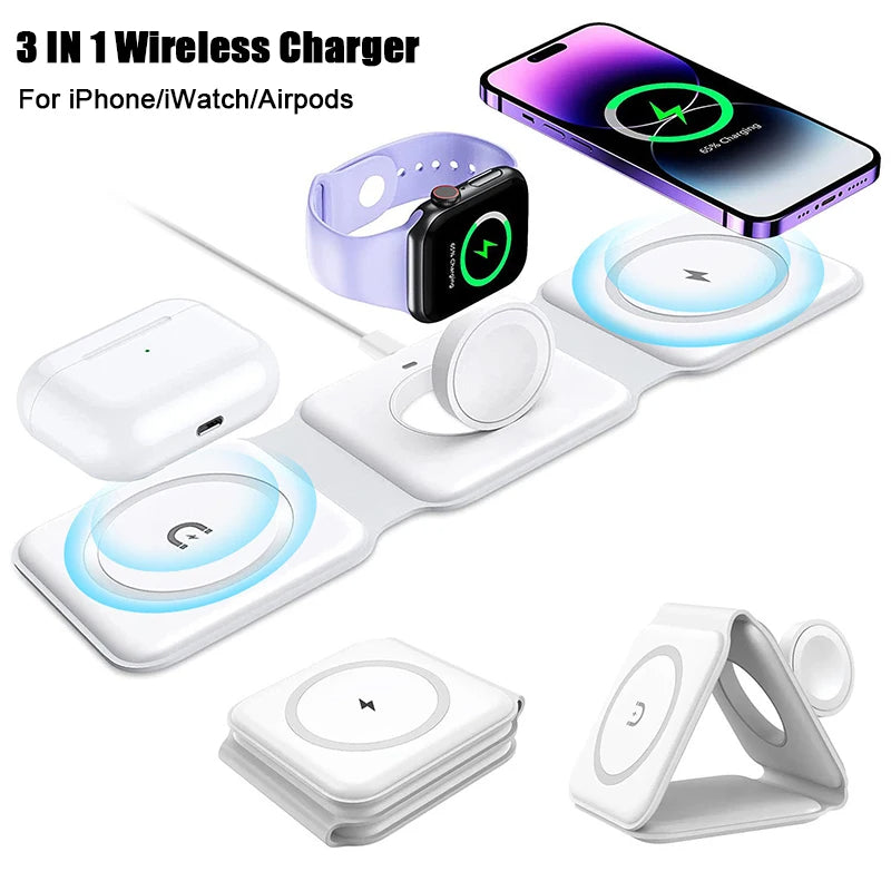 Premium 3-in-1 Wireless Charger Foldable MagSafe Compatible 15W Fast Charging Station Magnetic Portable Charging Dock Smartphone Watch Earbuds