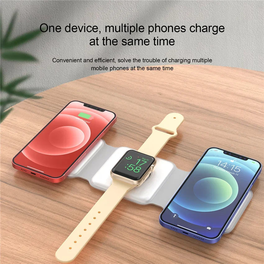 Premium 3-in-1 Wireless Charger Foldable MagSafe Compatible 15W Fast Charging Station Magnetic Portable Charging Dock Smartphone Watch Earbuds
