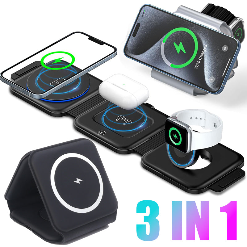 Premium 3-in-1 Wireless Charger Foldable MagSafe Compatible 15W Fast Charging Station Magnetic Portable Charging Dock Smartphone Watch Earbuds