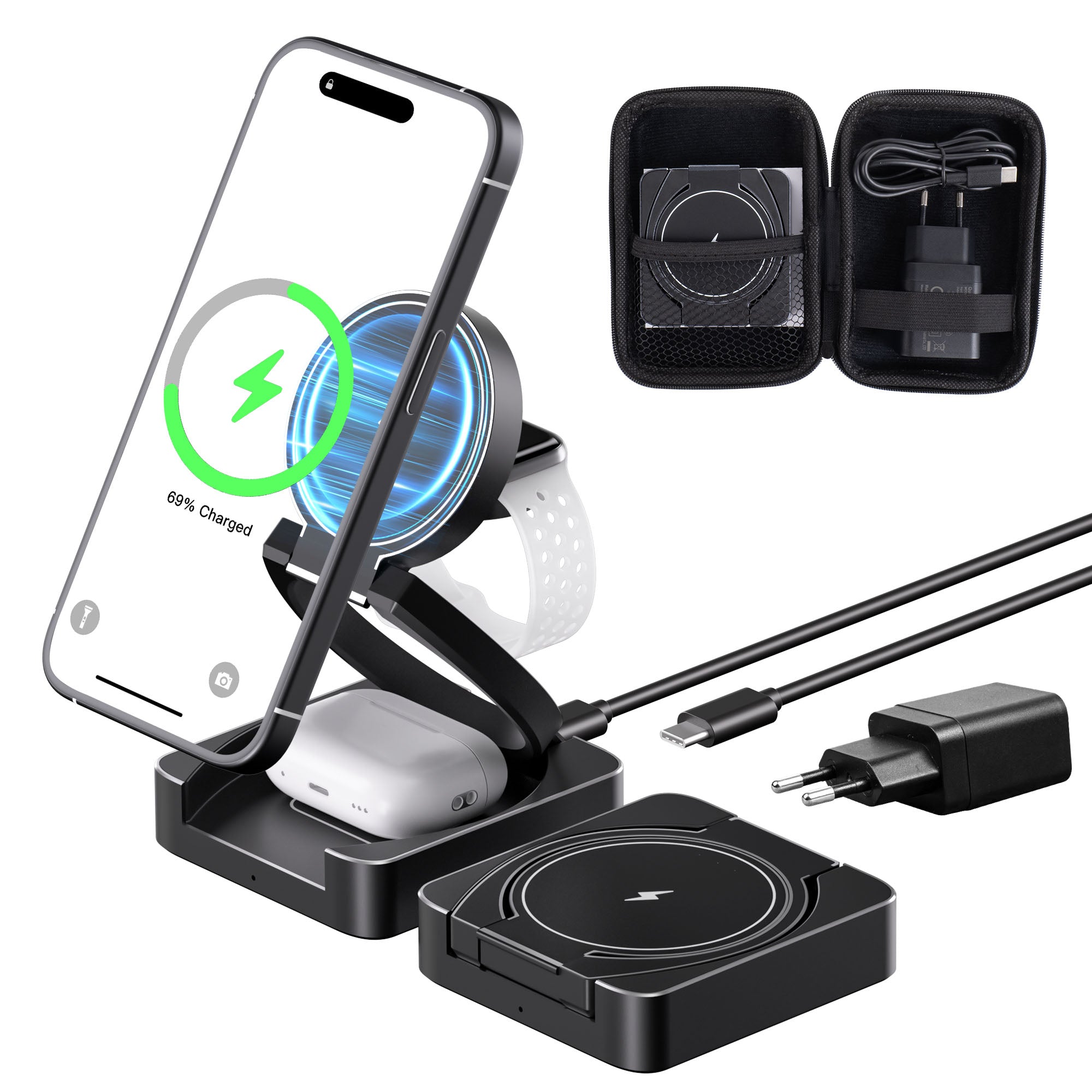 Premium 3-in-1 Wireless Charger Foldable MagSafe Compatible 15W Fast Charging Station Magnetic Portable Charging Dock Smartphone Watch Earbuds