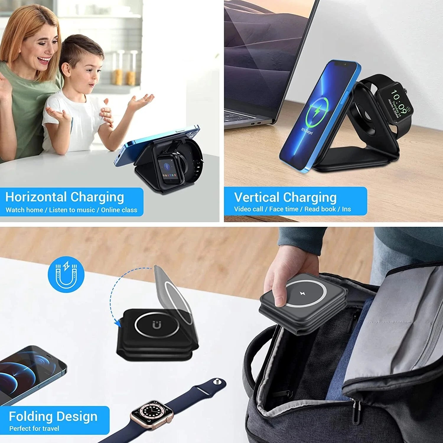 Premium 3-in-1 Wireless Charger Foldable MagSafe Compatible 15W Fast Charging Station Magnetic Portable Charging Dock Smartphone Watch Earbuds