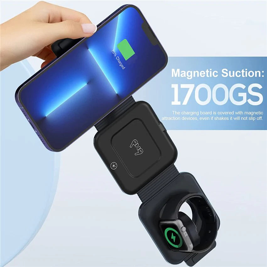Premium 3-in-1 Wireless Charger Foldable MagSafe Compatible 15W Fast Charging Station Magnetic Portable Charging Dock Smartphone Watch Earbuds