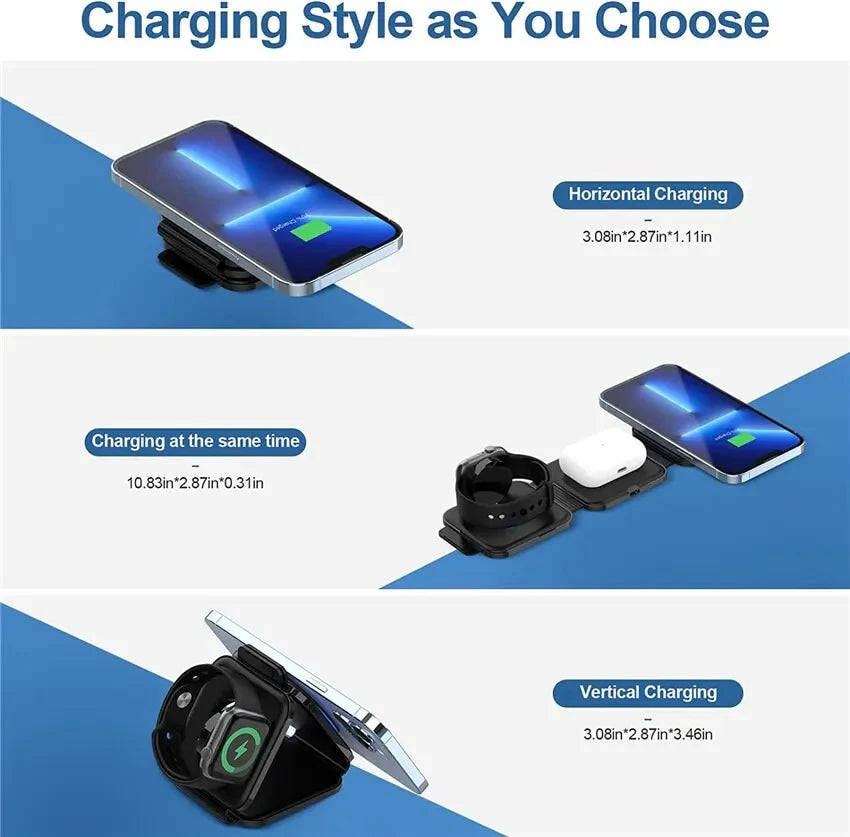 Premium 3-in-1 Wireless Charger Foldable MagSafe Compatible 15W Fast Charging Station Magnetic Portable Charging Dock Smartphone Watch Earbuds