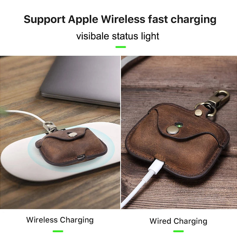 Premium AirPods Case Genuine Leather Protective Cover Keychain Clip Shockproof Slim Design Wireless Charging Compatible