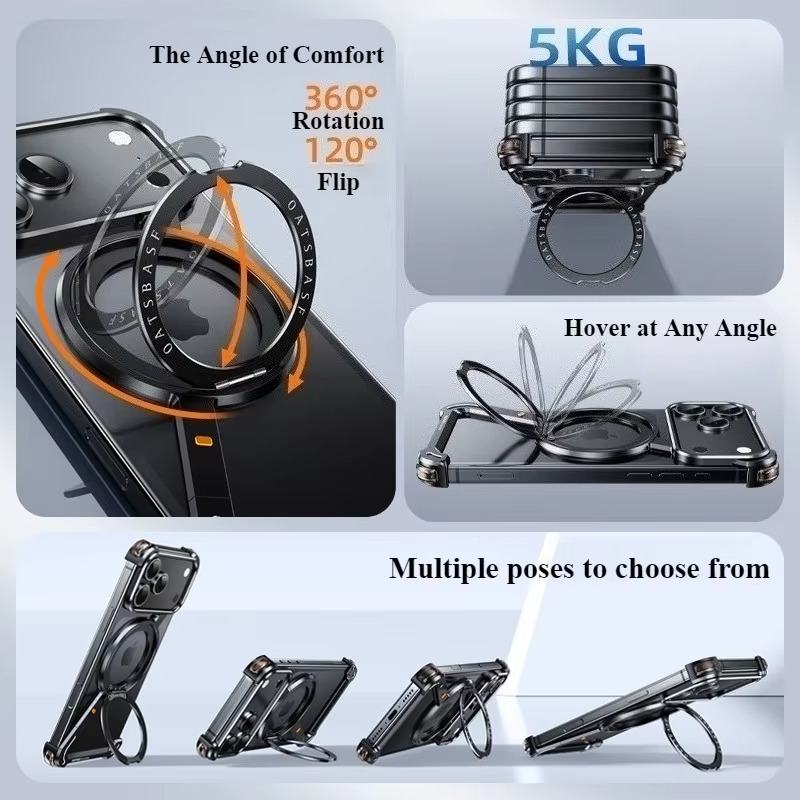 Premium Aluminum Magnetic iPhone Case MagSafe Compatible Frameless Shockproof Protector 360° Rotating Stand Ring Camera Lens Guard