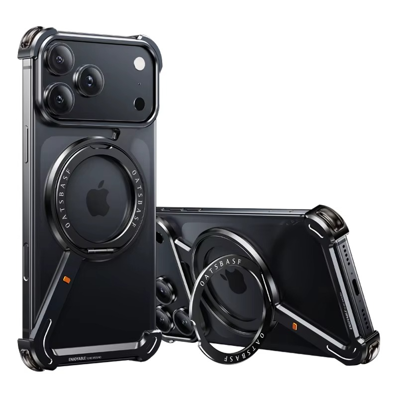 Premium Aluminum Magnetic iPhone Case MagSafe Compatible Frameless Shockproof Protector 360° Rotating Stand Ring Camera Lens Guard