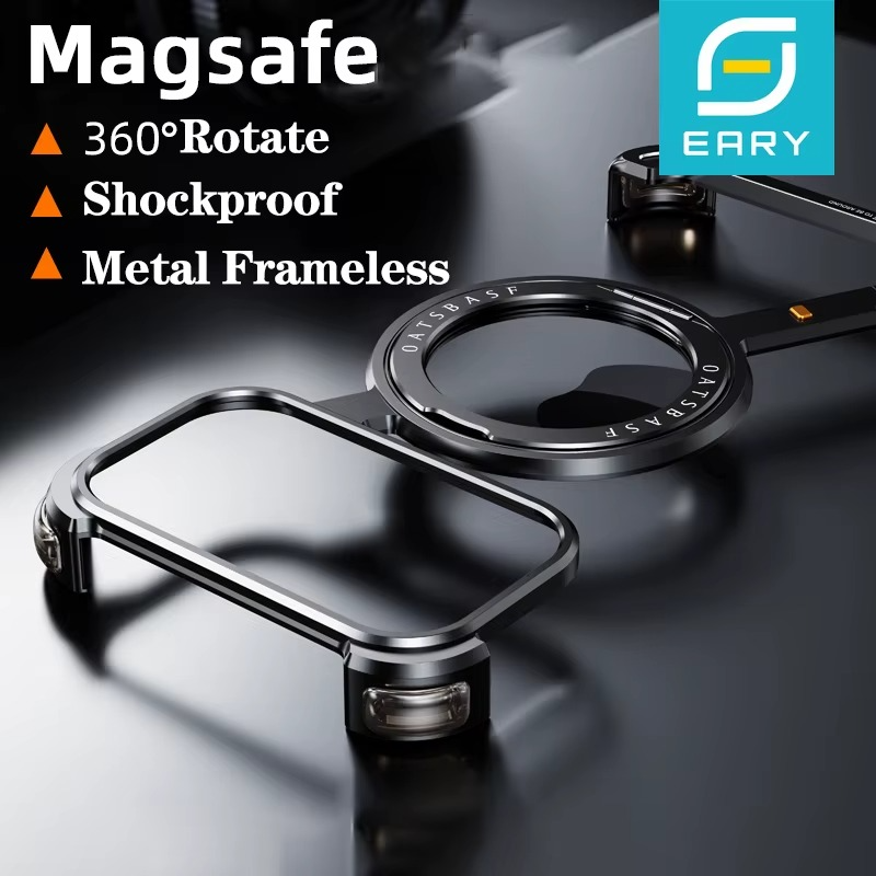 Premium Aluminum Magnetic iPhone Case MagSafe Compatible Frameless Shockproof Protector 360° Rotating Stand Ring Camera Lens Guard