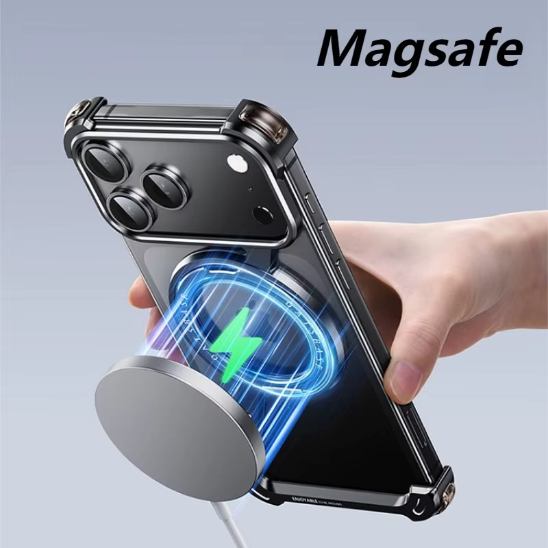 Premium Aluminum Magnetic iPhone Case MagSafe Compatible Frameless Shockproof Protector 360° Rotating Stand Ring Camera Lens Guard